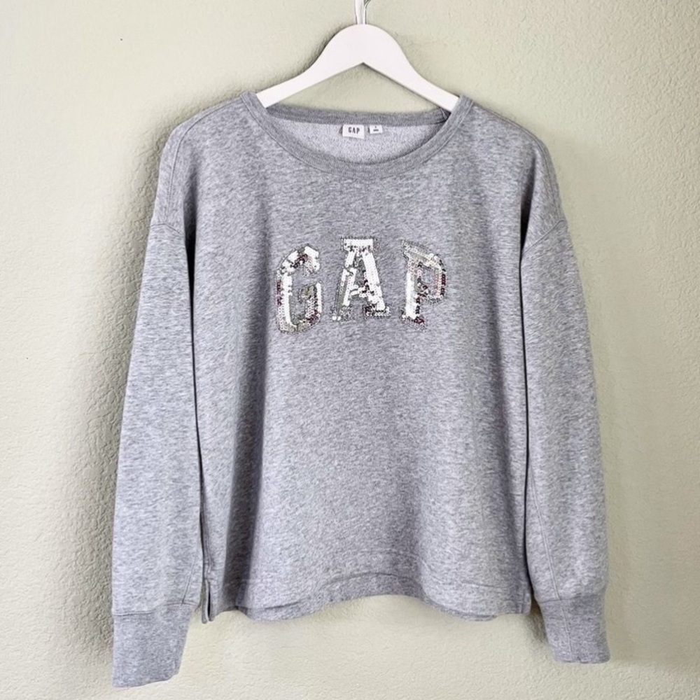 GAP Heather Gray Pullover Sweatshirt with Sequin Bling GAP Graphic Appli…